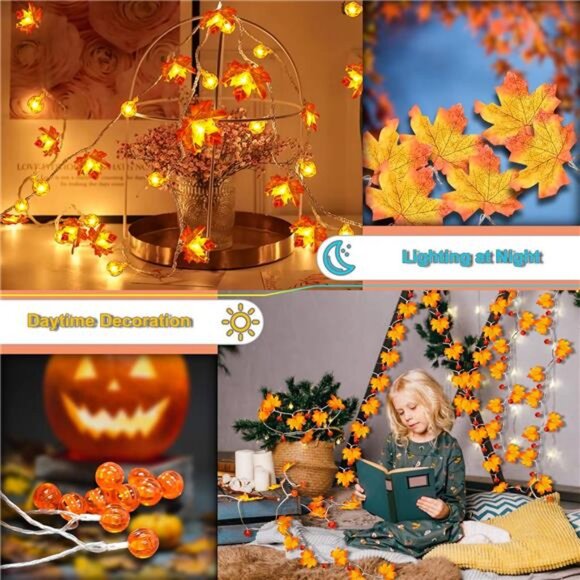 32Ft Fall Decor Lighted Maple Leaf Garlands Thanksgiving Halloween Fall - Picture 6 of 8